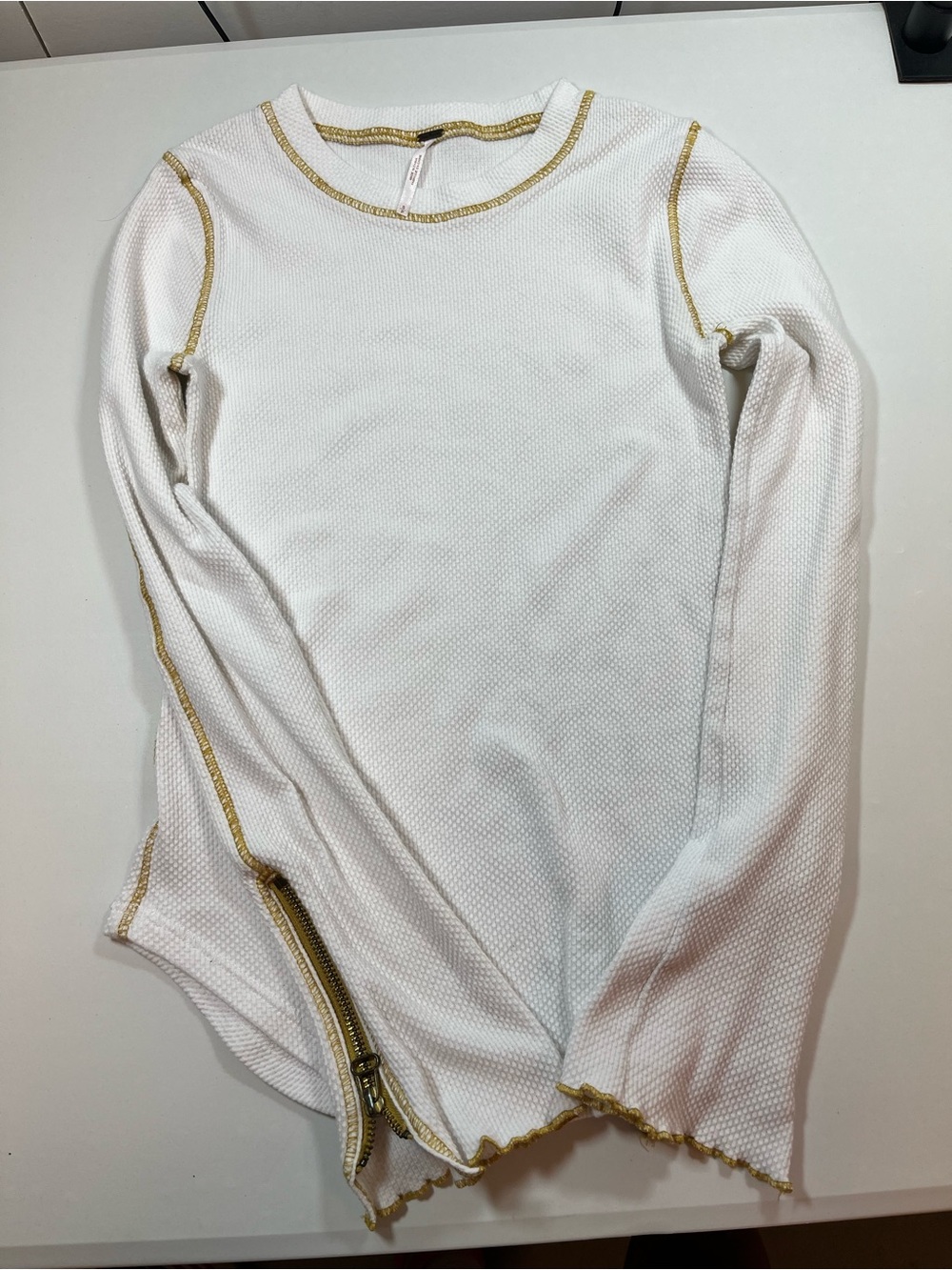 Free People White Thermal Top S Gold Contrast Stitch Long Sleeve Zip Cuff